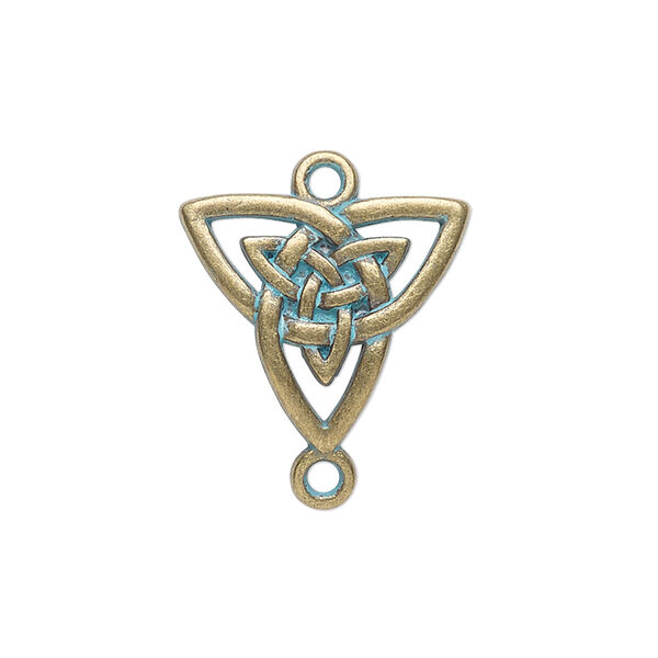 Link, antique brass-finished "pewter" (zinc-based alloy), green patina, 19.5x17mm single-sided curved Celtic triangle knot. Sold per pkg of 4. image number 0
