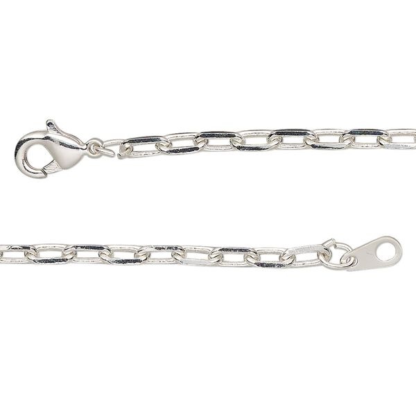 Chain, silver-plated brass, 3mm paperclip, 36 inches with lobster claw clasp. Sold individually. image number 0