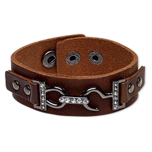 Bracelet, leather (dyed) / glass rhinestone / gunmetal-plated steel / "pewter" (zinc-based alloy), brown and clear, 20mm wide with hook-and-eye clasp design, adjustable at 6-1/2 and 7 inches with snap closure. Sold individually. image number 0