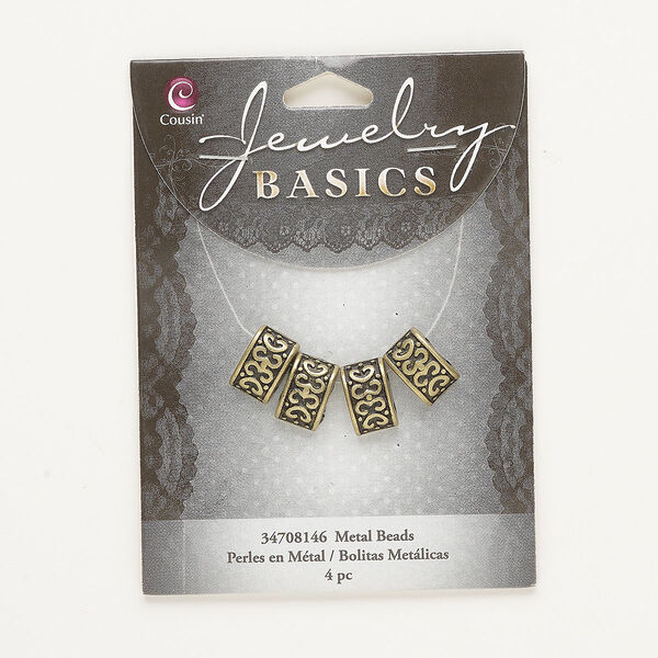 Bead, spacer, antique brass-finished "pewter" (zinc-based alloy), 13x8mm half oval with scroll pattern, fits up to 7mm beads. Sold per pkg of 4. image number 0