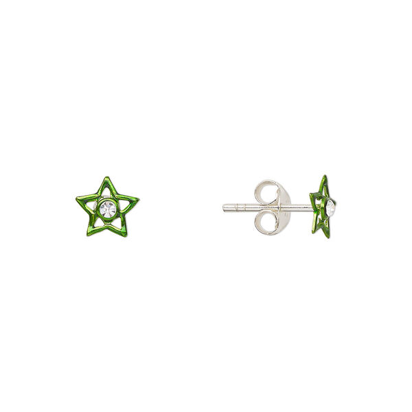 Earstud, Create Compliments®, enamel and sterling silver, green, 6mm star. Sold per pair. image number 0