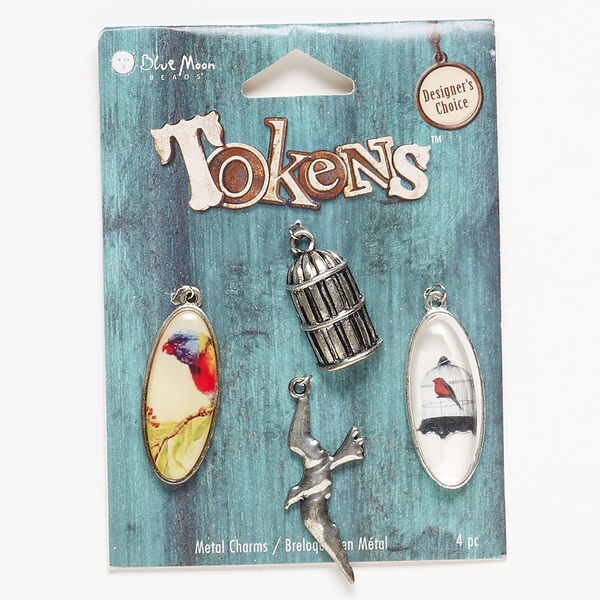 Drop, antique silver-finished "pewter" (zinc-based alloy) and resin, multicolored, 25x13mm-37x18mm assorted bird theme. Sold per pkg of 4. image number 0