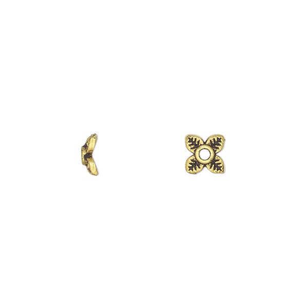 Bead cap, antique gold-finished "pewter" (zinc-based alloy), 7.5x2mm leaves, fits 5-8mm round bead. Sold per pkg of 20. image number 0
