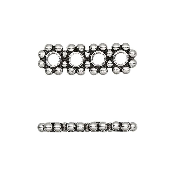 Spacer bead, sterling silver, 4-strand, 25x8x3mm beaded, fits up to 5.5mm bead. Sold per pkg of 2. image number 0