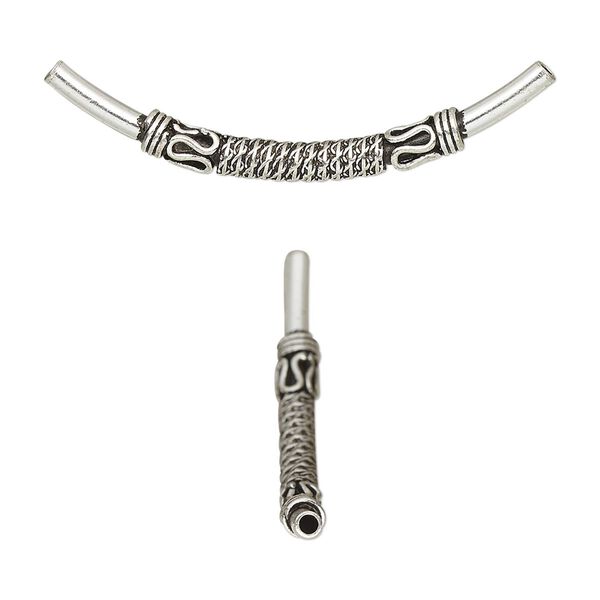 Bead, antiqued sterling silver, 37x3mm curved tube with rope design. Sold individually. image number 0