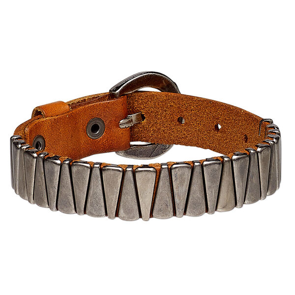 Bracelet, leather (dyed) with antique silver-plated steel and brass, tan, 15mm wide with triangle design, adjustable from 5-1/2 to 7 inches with buckle-style closure. Sold individually. image number 0