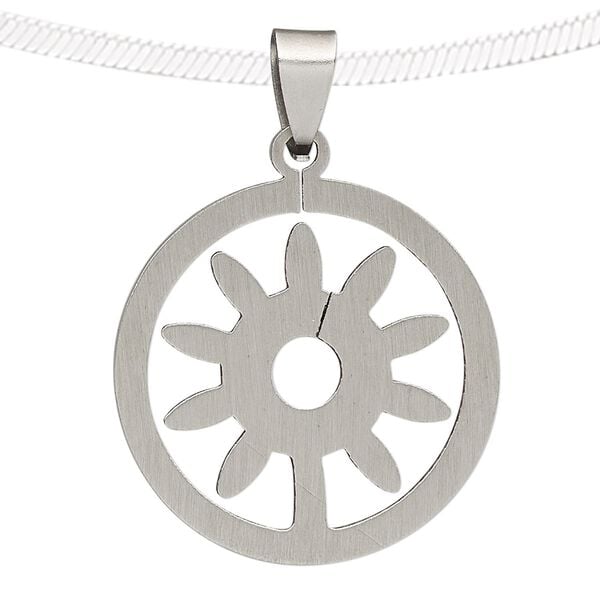 Pendant, stainless steel, 35mm round with cutout flower. Sold individually. image number 0