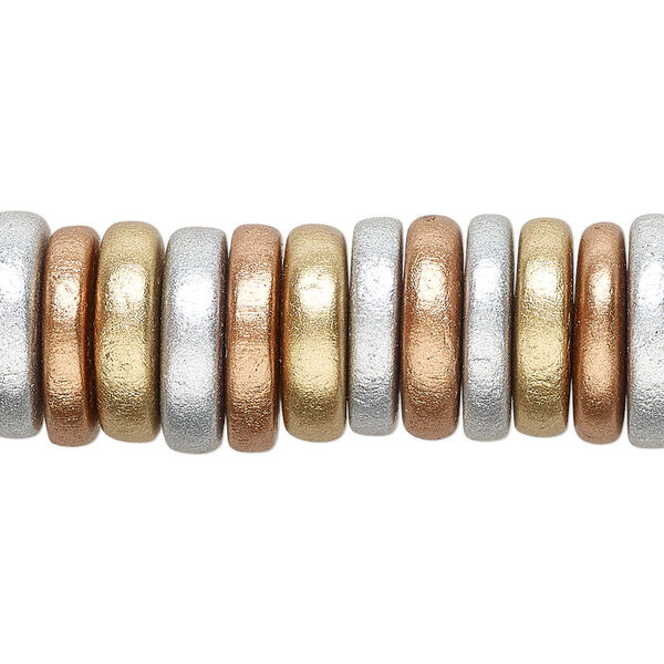 Bead, Taiwanese cheesewood (coated), metallic gold / metallic silver / metallic copper, 15x3mm-15x4mm  rondelle. Sold per 8-inch strand, approximately 55 beads. image number 0