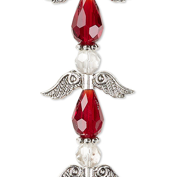 Bead, crystal and antique silver-plated "pewter" (zinc-based alloy), transparent red and clear, 23mm angel. Sold per pkg of 4. image number 0