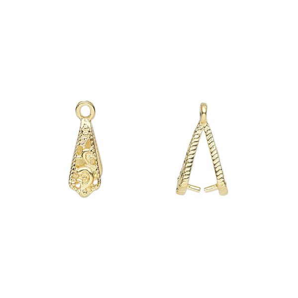 Bail, ice-pick, gold-plated brass, 11.5x5mm textured with cutout design, 6.5mm grip length. Sold per pkg of 6. image number 0