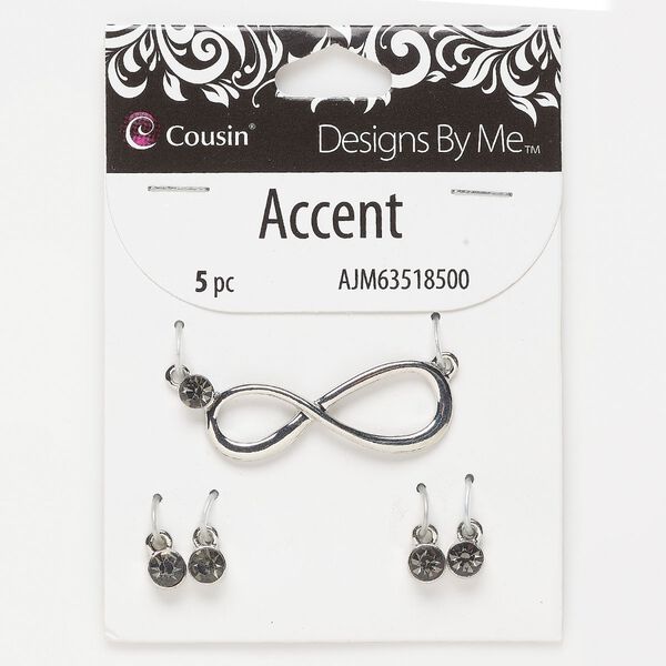 Focal and drop, silver-finished "pewter" (zinc-based alloy) and glass, grey, 41.5 x 14mm infinity with 2 loops and (4) 6mm round. Sold per pkg of 5. image number 0
