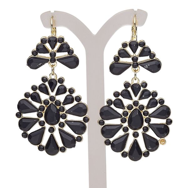 Earring, glass rhinestone / gold-finished brass / steel / "pewter" (zinc-based alloy), matte black, 2-1/2 inches with leverback ear wire. Sold per pair. image number 0