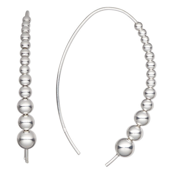 Ear wire, sterling silver, 46mm with beaded design and 5 mm peg, fits 6-8mm half-drilled bead, 20 gauge. Sold per pair. image number 0