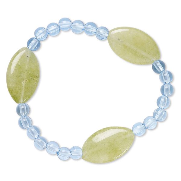 Bracelet, stretch, quartz (dyed) and acrylic, blue and green, 5mm round and 24x14mm-25x15mm flat marquise, 6-1/2 inches. Sold individually. image number 0