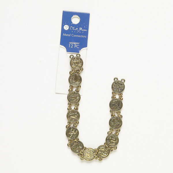 Link mix, gold-finished "pewter" (zinc-based alloy) and steel, 12mm two-sided flat round with zodiac signs. Sold per pkg of 12. image number 0