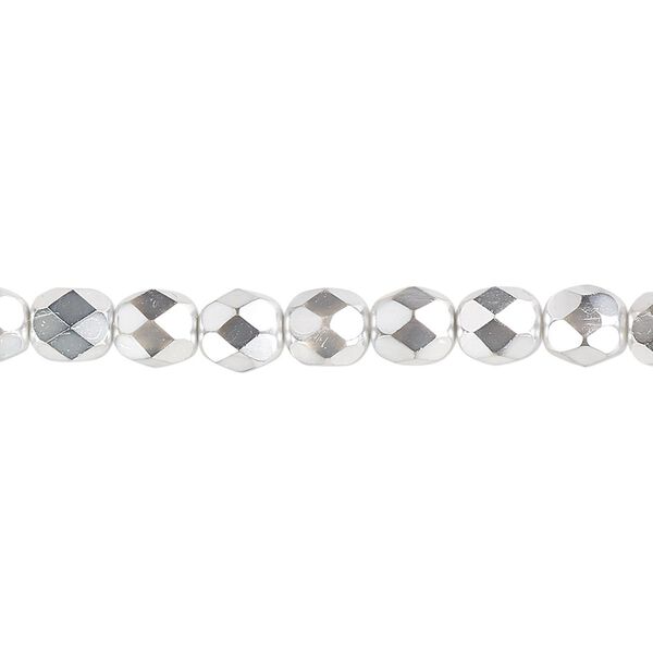 Bead, Czech fire-polished glass, opaque to transparent clear with half-coat metallic silver and chrome, 6mm faceted round. Sold per 15-1/2" to 16" strand. image number 0