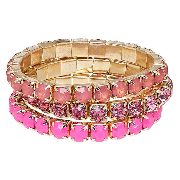 Bracelet, stretch, acrylic rhinestone and gold-finished steel, pink and frosted pink, 8mm wide cupchain, 7 inches. Sold per 3-piece set. image number 0