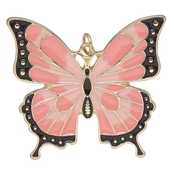 Focal, gold-finished brass and enamel, gold / pink / black, 40.5x36.5mm single-sided butterfly with jump ring. Sold individually. image number 0