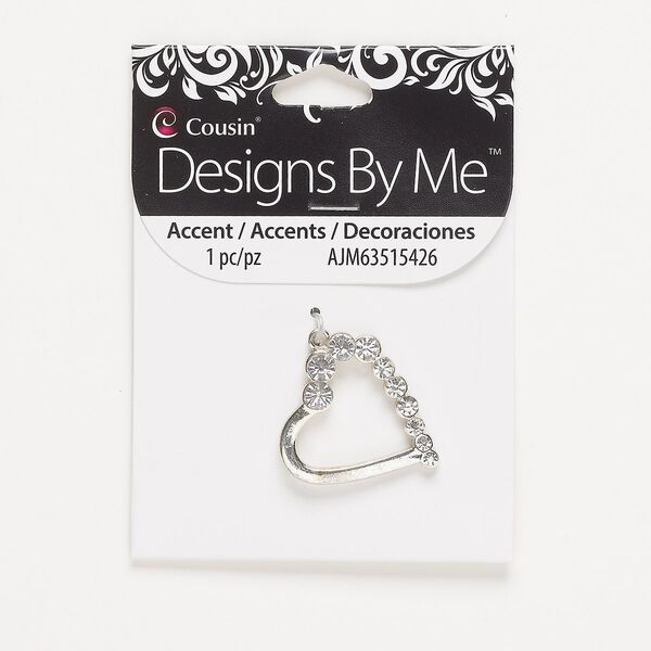 Focal, silver-finished "pewter" (zinc-based alloy) and glass, clear, 30x28mm single-sided open heart. Sold individually. image number 0