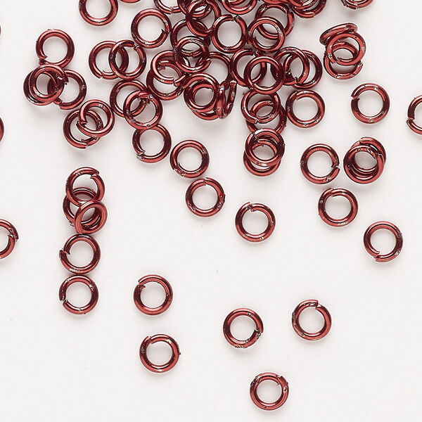 Jump ring, anodized steel, pkg/80, 4mm open round, 2.6mm inside diameter, red, 22 gauge. image number 0