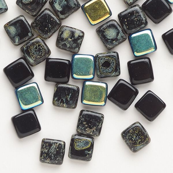 Bead, Czech pressed glass, pkg/38, opaque black AB, 6mm 2-strand flat square, fits up to (2) 3mm round beads. image number 0