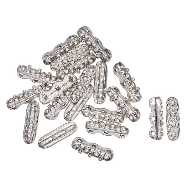 Spacer bar, imitation rhodium-finished "pewter" (zinc-based alloy), 15x4mm rectangle with flowers, fits up to 6mm round beads. Sold per pkg of 20. image number 0