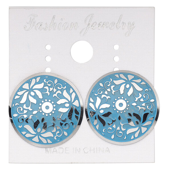 Earstud, stainless steel, blue patina, 20mm round with lotus flower design. Sold per pair. image number 0
