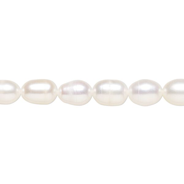 Pearl, cultured freshwater (bleached), white, 6x5mm-9x6mm rice, C grade, Mohs hardness 2-1/2 to 4. Sold per 14-inch strand. image number 0
