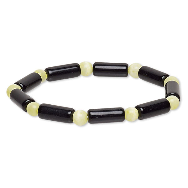 Bracelet, stretch, glass and cat's eye glass, opaque lemon yellow and black, 5-6mm round and 14x5mm-15x6mm round tube, 6 inches. Sold individually. image number 0