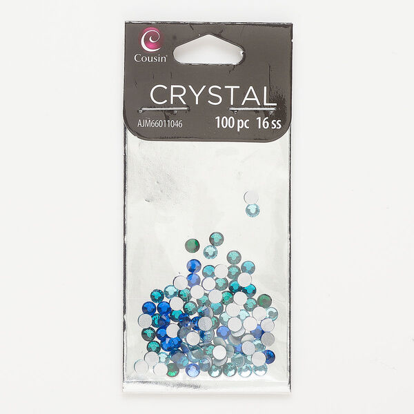 Flat back mix, flat back, glass, blue / light blue / dark green, 3.8-4mm faceted round, SS16. Sold per pkg of 100. image number 0
