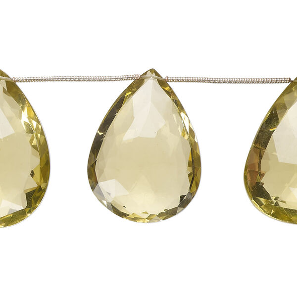Lemon quartz 1pkg7, hand-cut top-drilled faceted puffed teardrop bead B+ grade, 31x23mm-34x26mm image number 0