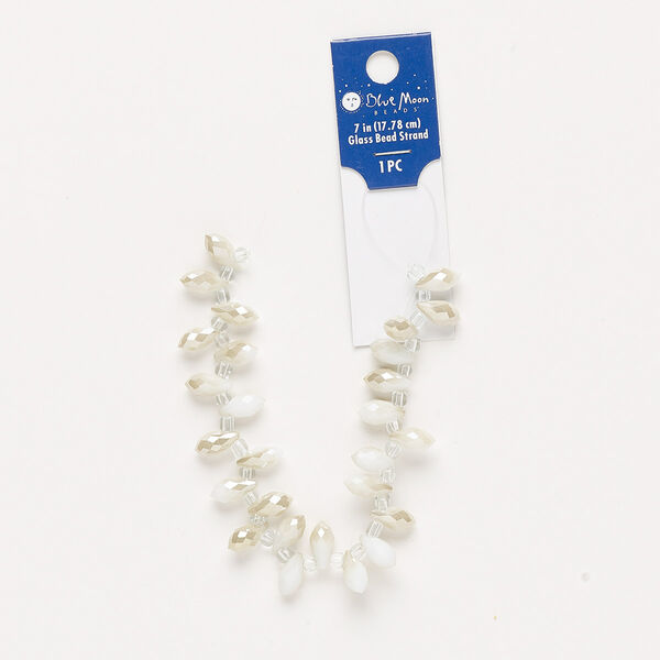 Bead, glass, translucent two-tone white and tan luster, 12x6mm top-drilled faceted teardrop with 0.4mm hole. Sold per 7-inch strand. image number 0