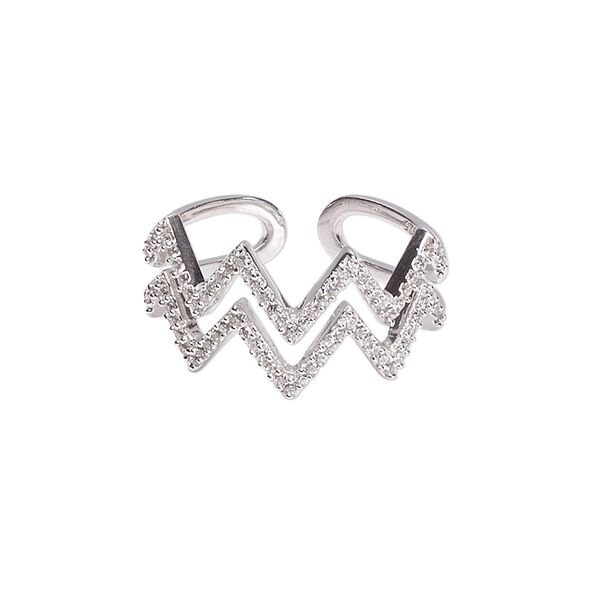 Ring, Create Compliments®, cubic zirconia and rhodium-plated sterling silver, clear, 12mm wide with zigzag, adjustable from size 8-9. Sold individually. image number 0