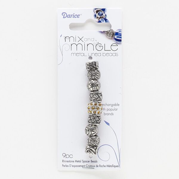 Bead, glass rhinestone with silver- and antiqued silver-finished "pewter" (zinc-based alloy), topaz brown, 10x7mm-12x9mm assorted rondelle, 4.5-5.5mm hole. Sold per pkg of 9. image number 0
