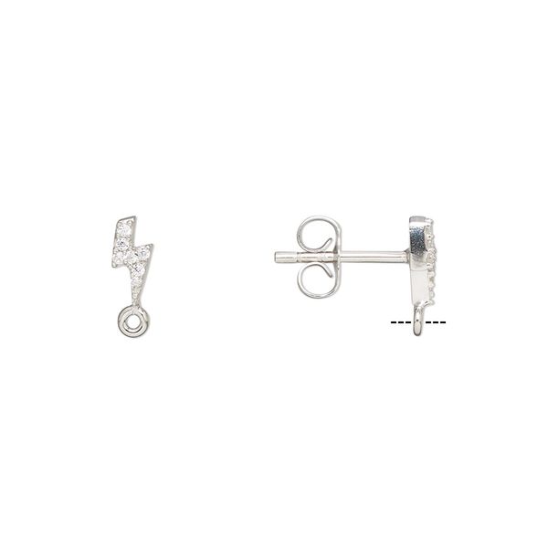 Earstud 1pkg2 rhodium-plated sterling silver / cubic zirconia, 7x3mm lightning bolt / closed loop / earnuts, clear 1 pair image number 0