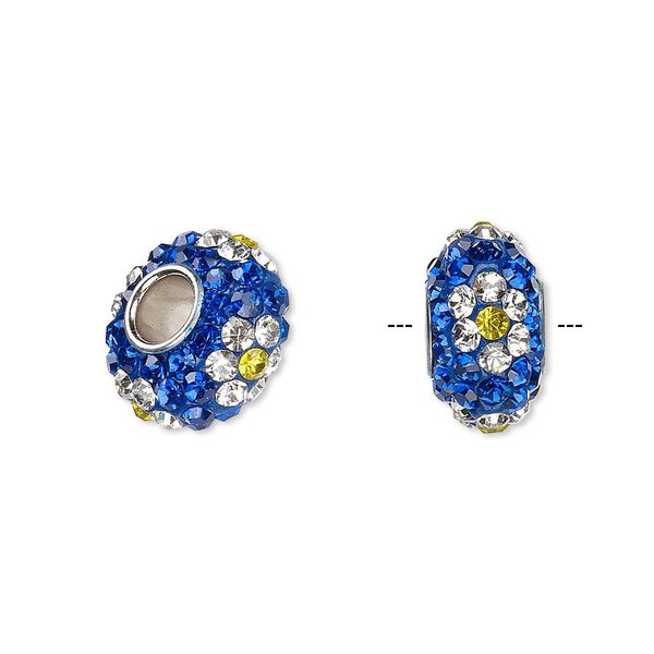 Bead, Dione®, Czech glass rhinestone / epoxy / imitation rhodium-plated brass grommet, blue / clear / light yellow, 13x8mm-14x8mm rondelle with flower design. Sold individually. image number 0