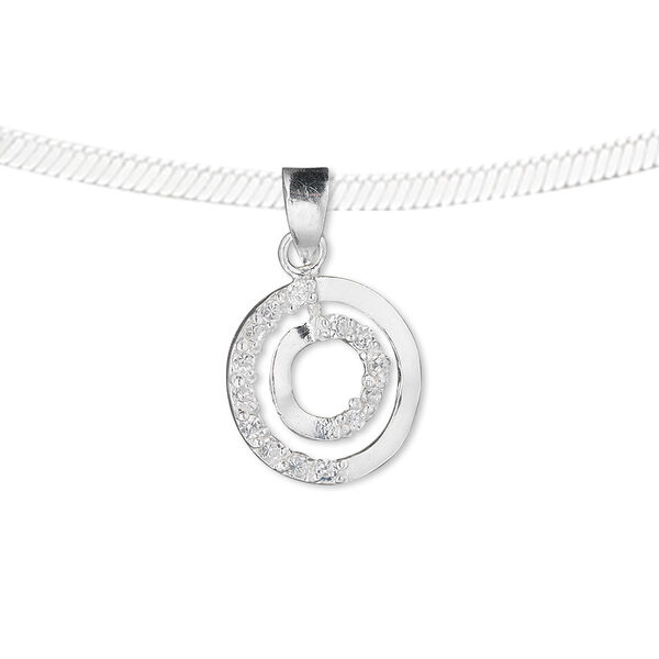 Pendant, sterling silver and cubic zirconia, clear, 13.5mm flat round. Sold individually. image number 0