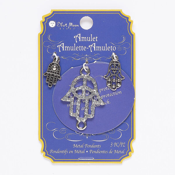 Charm and link mix, glass / silver- / antique silver-finished "pewter" (zinc-based alloy), clear, 16x12mm / 19x13mm / 29x27mm single-sided Fatima hand. Sold per pkg of 3. image number 0