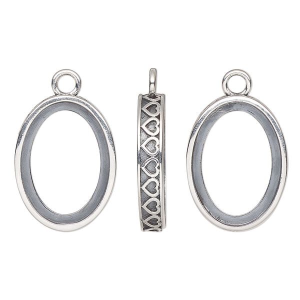 Drop, antiqued sterling silver, 20x15mm oval with 18x13mm oval setting and heart design with open back. Sold individually. image number 0