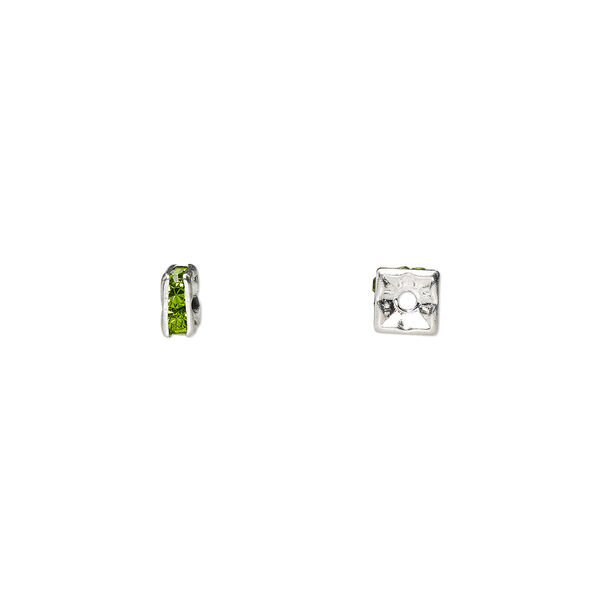 Bead, glass rhinestone and silver-plated brass, peridot green, 4x2mm squaredelle. Sold per pkg of 10. image number 0