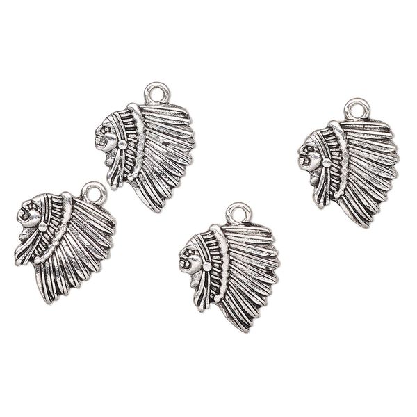Charm, antique silver-finished "pewter" (zinc-based alloy), 17x15mm Indian chief head. Sold per pkg of 4. image number 0