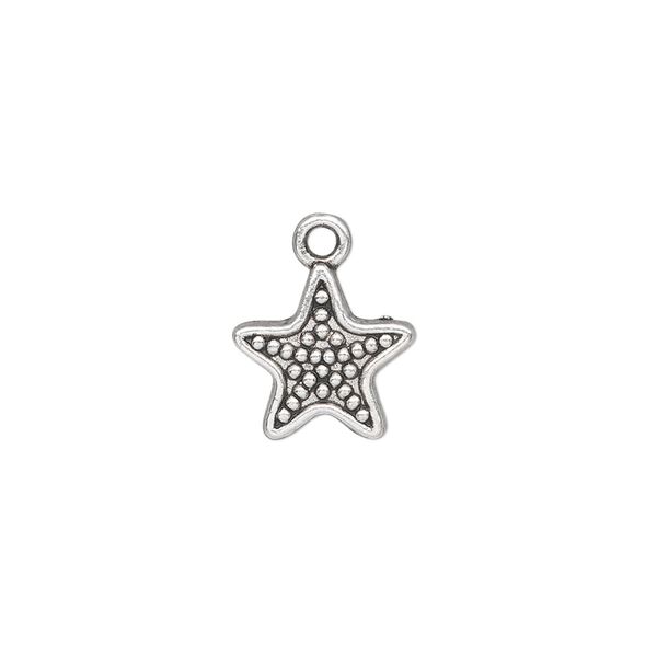 Charm, antique silver-plated "pewter" (zinc-based alloy), 12x12mm single-sided beaded star. Sold per pkg of 50. image number 0