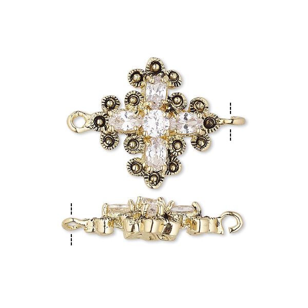 Link, cubic zirconia and antique gold-finished bronze, clear, 19x19mm single-sided cross with 7x3mm faceted oval and 4mm faceted round. Sold individually. image number 0