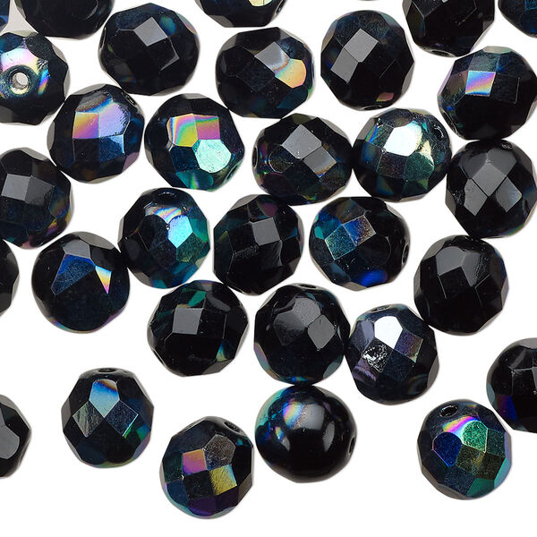 Bead 1pkg1 Czech fire-polished glass, 8mm faceted round, half-mass opaque half-coated jet black AB image number 0