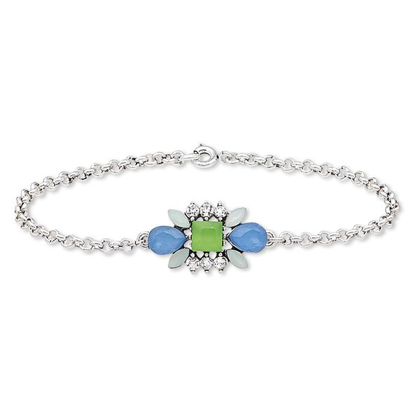 Bracelet, acrylic / glass rhinestone / silver-plated steel / "pewter" (zinc-based alloy), multicolored, 25x15mm flower, 7-1/2 inches with springring clasp. Sold individually. image number 0