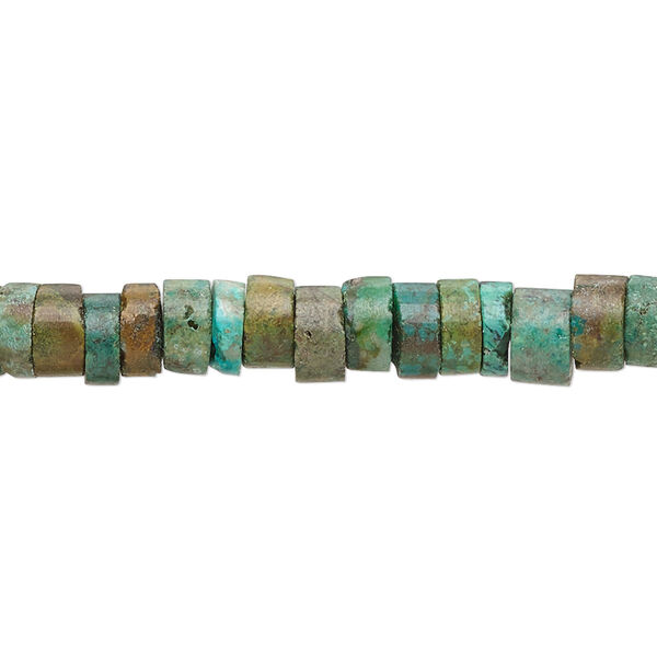 Bead, turquoise (dyed / stabilized), green-brown, 6x2mm-7x5mm heishi with 0.8-1.1mm hole, C- grade, Mohs hardness 5 to 6. Sold per 15-1/2" to 16" strand. image number 0