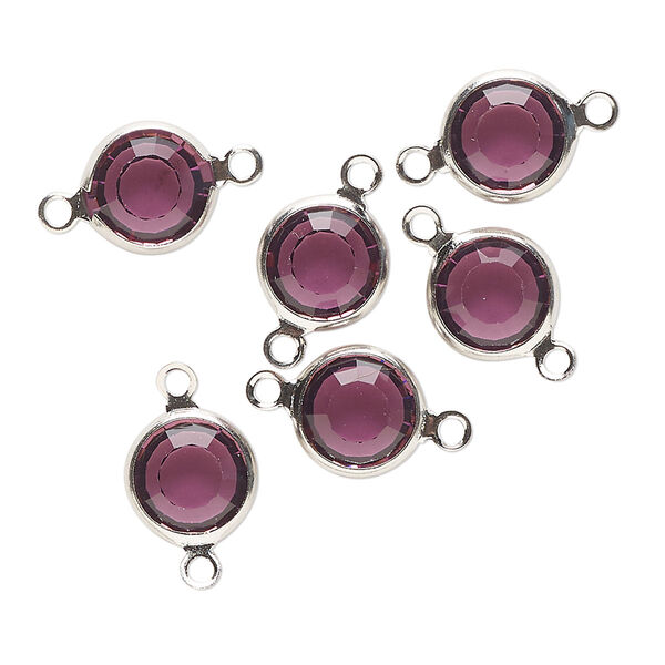 Link, VINTAGE Crystal™, crystal and imitation rhodium-finished brass, amethyst, 9mm round. Sold per pkg of 6. image number 0