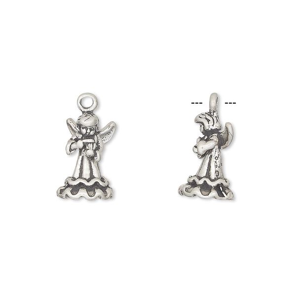 Charm, antiqued sterling silver, 14x8mm angel with violin. Sold individually. image number 0