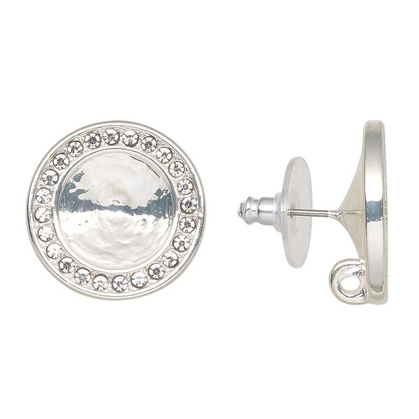 Earstud 1pkg2 Almost Instant Jewelry® "pewter" (zinc-based alloy) / cubic zirconia, 19mm round / 12mm rivoli glue-in setting / closed hidden loop / comfort clutch, silver-finished / clear 1 pair image number 0