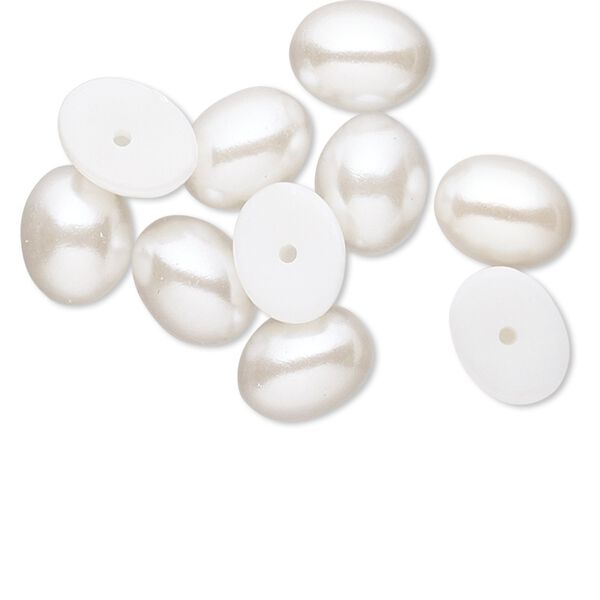 Cabochon, vintage Japanese acrylic pearl, white, 10x8mm half-drilled non-calibrated oval. Sold per pkg of 10. image number 0